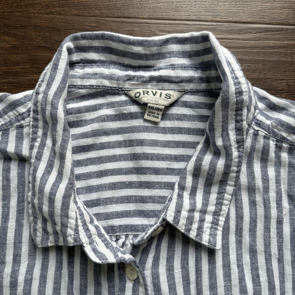 Orvis Striped Gray White Linen Rayon Short Sleeve Button-Up Shirt Women XXL